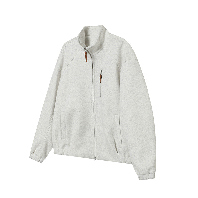 Solid Color Long Sleeve Stand Collar Double Zipper Loose Fit Hoodie