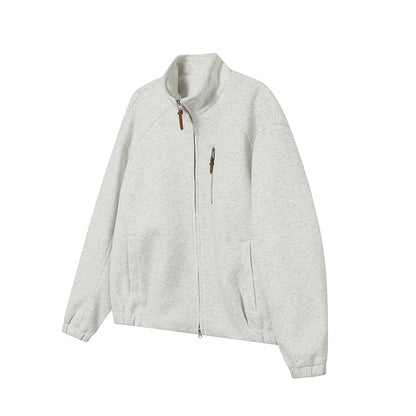 Solid Color Long Sleeve Stand Collar Double Zipper Loose Fit Hoodie