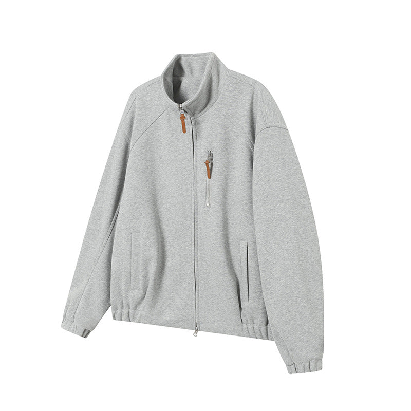 Solid Color Long Sleeve Stand Collar Double Zipper Loose Fit Hoodie