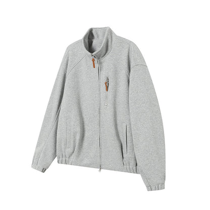 Solid Color Long Sleeve Stand Collar Double Zipper Loose Fit Hoodie