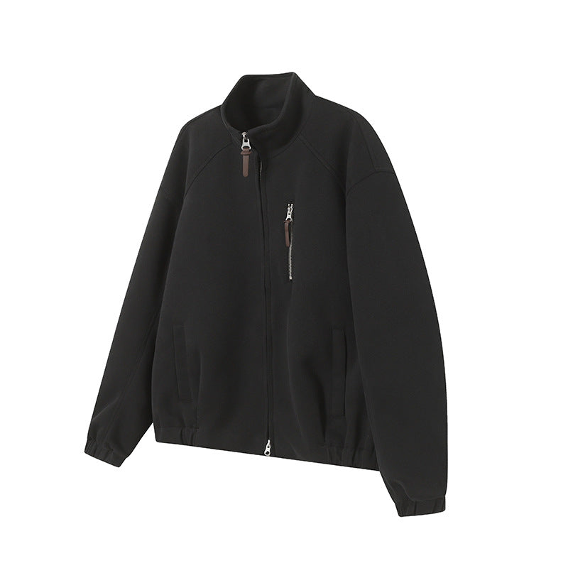 Solid Color Long Sleeve Stand Collar Double Zipper Loose Fit Hoodie