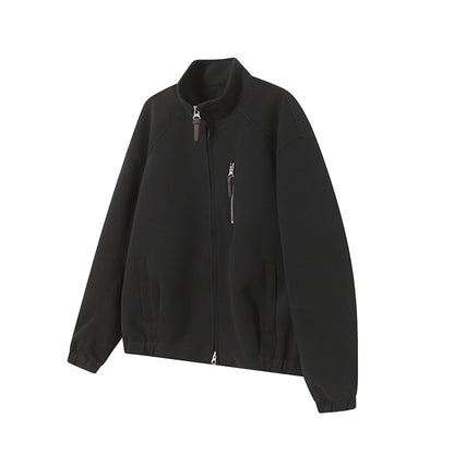 Solid Color Long Sleeve Stand Collar Double Zipper Loose Fit Hoodie