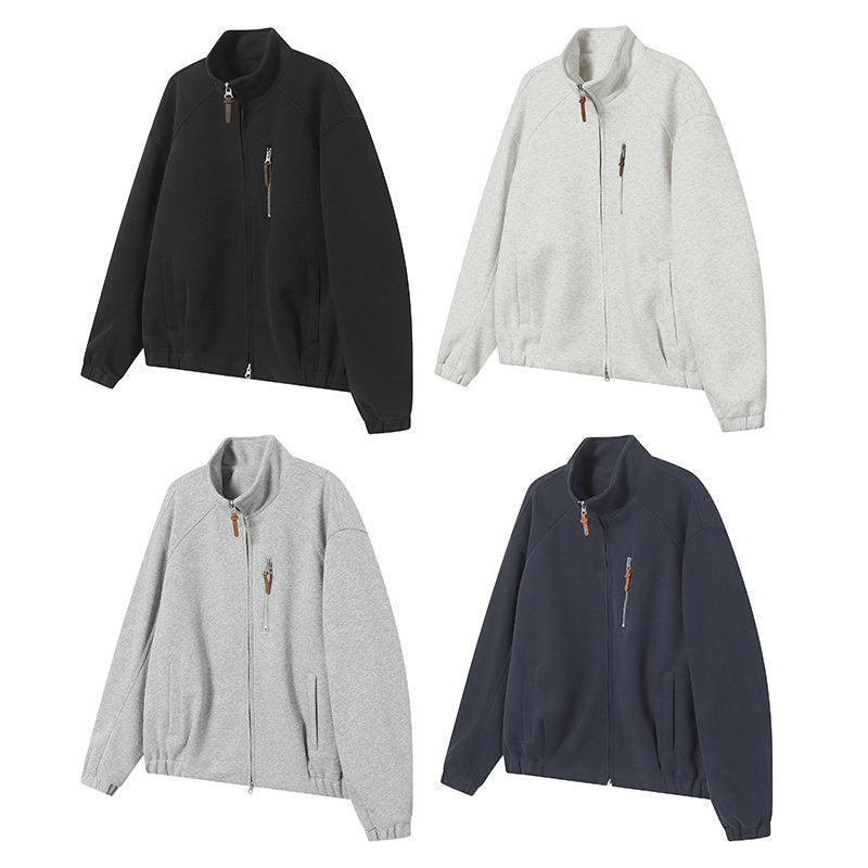 Solid Color Long Sleeve Stand Collar Double Zipper Loose Fit Hoodie