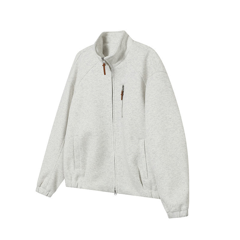 Solid Color Long Sleeve Stand Collar Double Zipper Loose Fit Hoodie