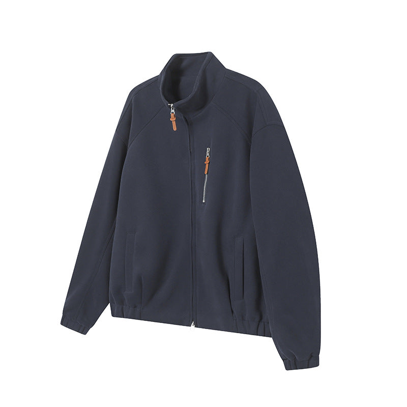 Solid Color Long Sleeve Stand Collar Double Zipper Loose Fit Hoodie