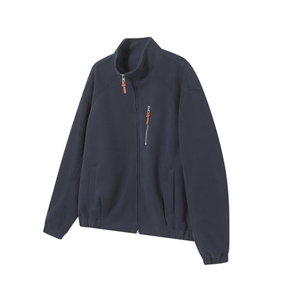 Solid Color Long Sleeve Stand Collar Double Zipper Loose Fit Hoodie