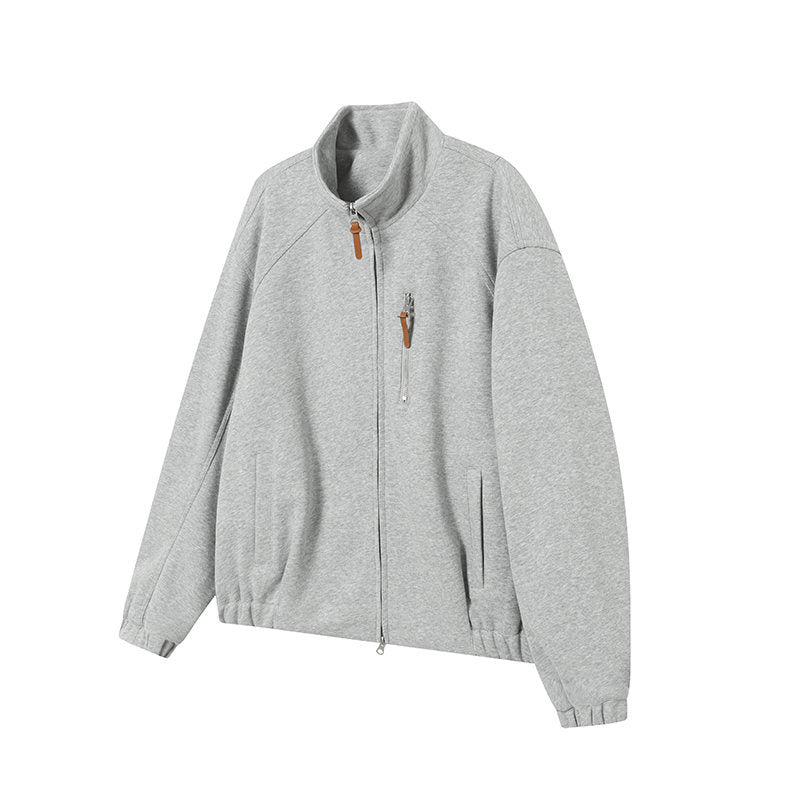 Solid Color Long Sleeve Stand Collar Double Zipper Loose Fit Hoodie