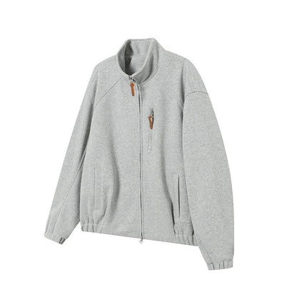 Solid Color Long Sleeve Stand Collar Double Zipper Loose Fit Hoodie