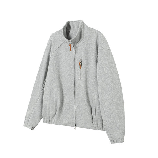 Solid Color Long Sleeve Stand Collar Double Zipper Loose Fit Hoodie