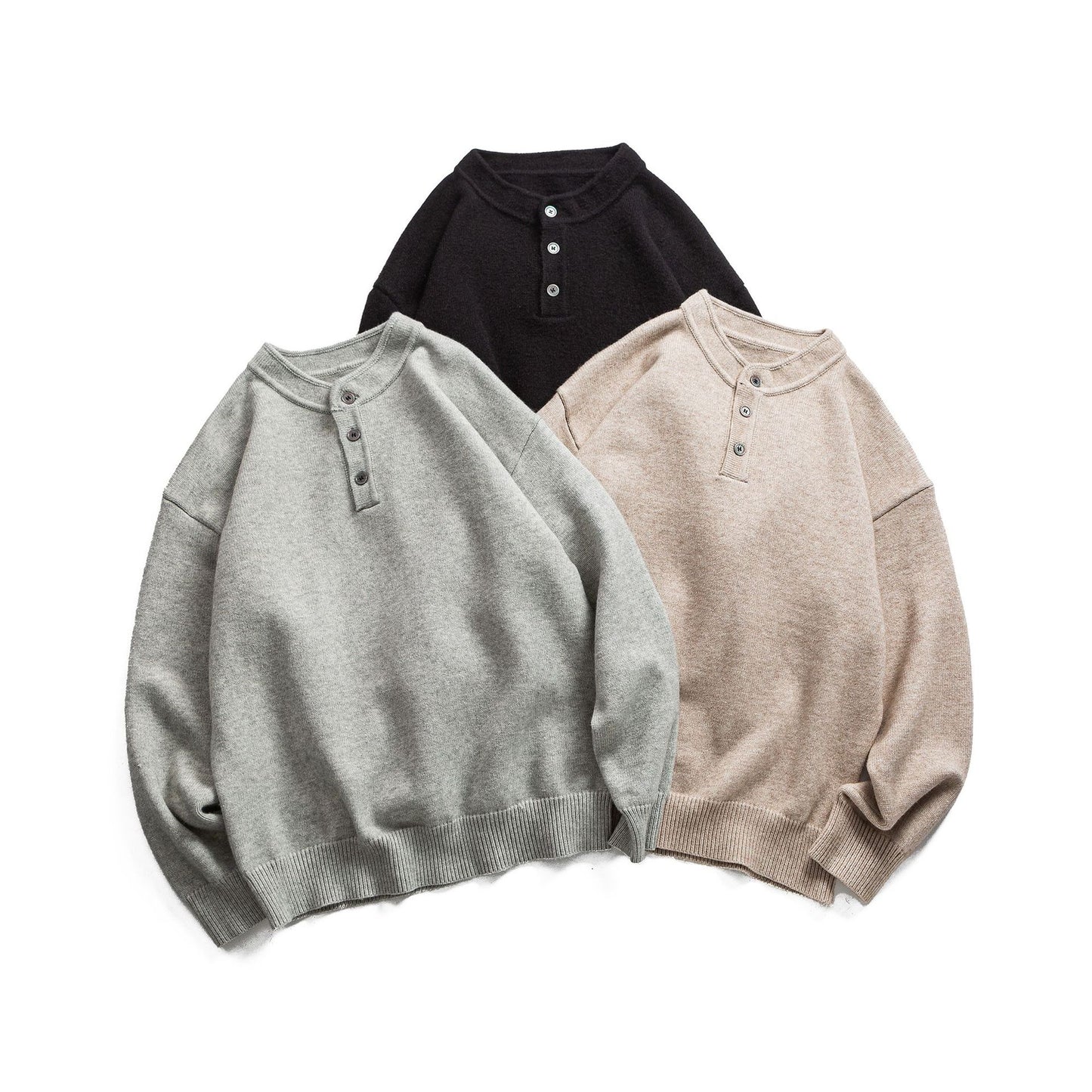 Minimalist Solid Color Henley Neck Loose Casual Versatile Pullover Sweater